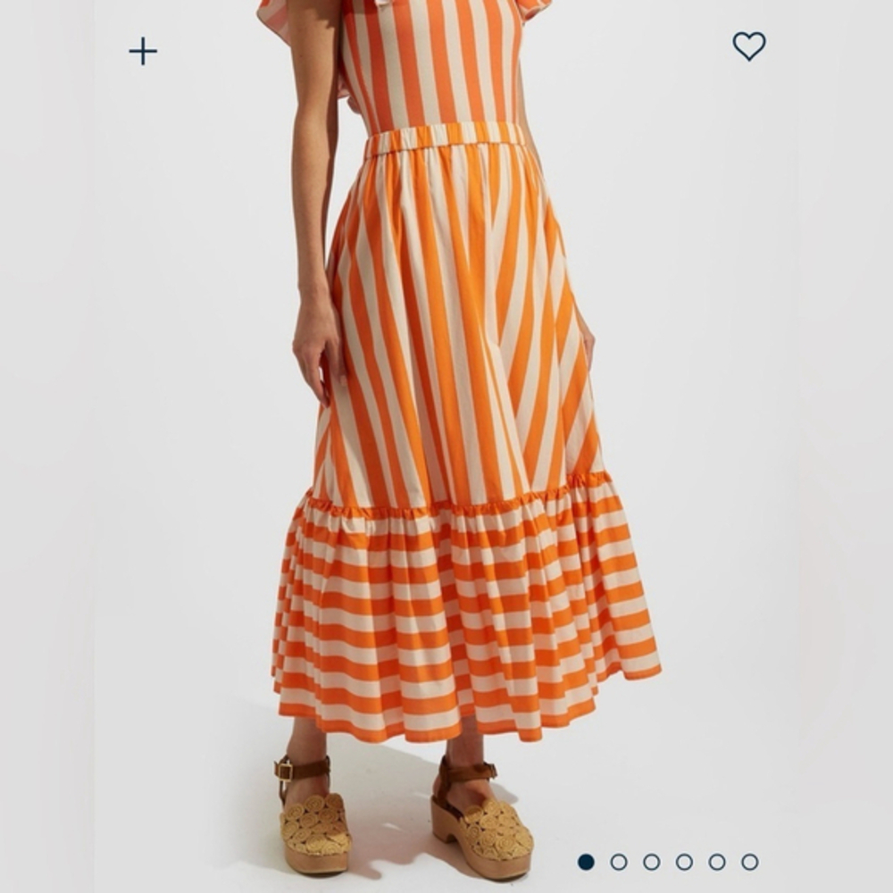 La DoubleJ Sunset Skirt Riviera Orange Stripe Tiered Cotton Poplin Maxi Large